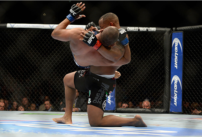 LAS VEGAS, NV - MAY 24: (R-L) Daniel Cormier throws down Dan Henderson in their light heavyweight bout during the UFC 173 event at the MGM Grand Garden Arena on May 24, 2014 in Las Vegas, Nevada. (Photo by Jeff Bottari/Zuffa LLC/Zuffa LLC via Getty Images)