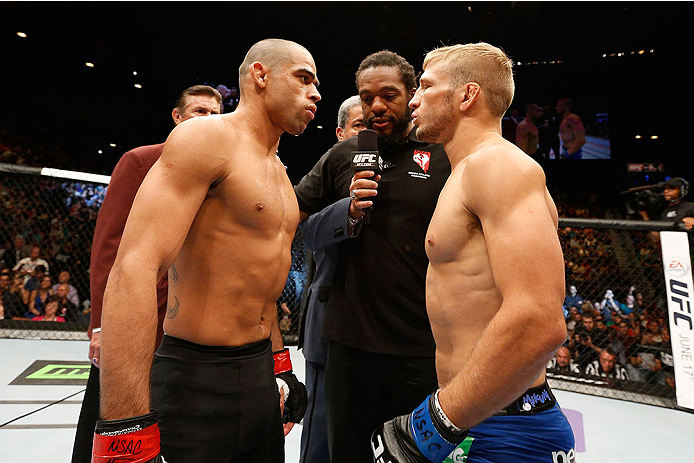 LAS VEGAS, NV - MAY 24:  (L-R) Renan Barao and T.J. Dillashaw face off before their bantamweight championship bout during the UFC 173 event at the MGM Grand Garden Arena on May 24, 2014 in Las Vegas, Nevada. (Photo by Josh Hedges/Zuffa LLC/Zuffa LLC via Getty Images)