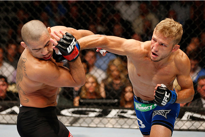LAS VEGAS, NV - MAY 24:  (R-L) T.J. Dillashaw punches Renan Barao in their bantamweight championship bout during the UFC 173 event at the MGM Grand Garden Arena on May 24, 2014 in Las Vegas, Nevada. (Photo by Josh Hedges/Zuffa LLC/Zuffa LLC via Getty Images)