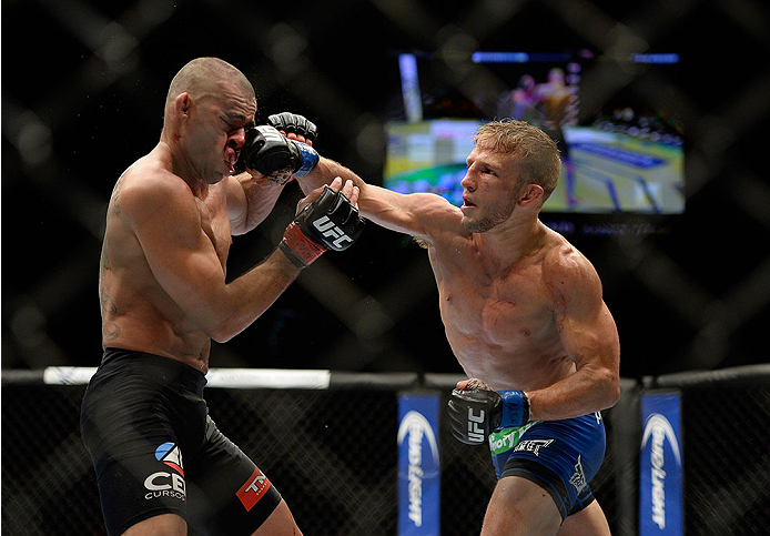 LAS VEGAS, NV - MAY 24:  T.J. Dillashaw punches Renan Barao in their bantamweight championship bout during the UFC 173 event at the MGM Grand Garden Arena on May 24, 2014 in Las Vegas, Nevada. (Photo by Jeff Bottari/Zuffa LLC/Zuffa LLC via Getty Images)