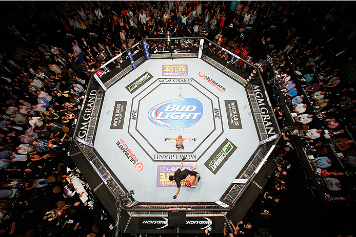LAS VEGAS, NV - MAY 24:  An overhead view of the Octagon as T.J. Dillashaw reacts after knocking out Renan Barao in the fifth round to win the UFC bantamweight championship during the UFC 173 event at the MGM Grand Garden Arena on May 24, 2014 in Las Vegas, Nevada. (Photo by Josh Hedges/Zuffa LLC/Zuffa LLC via Getty Images)