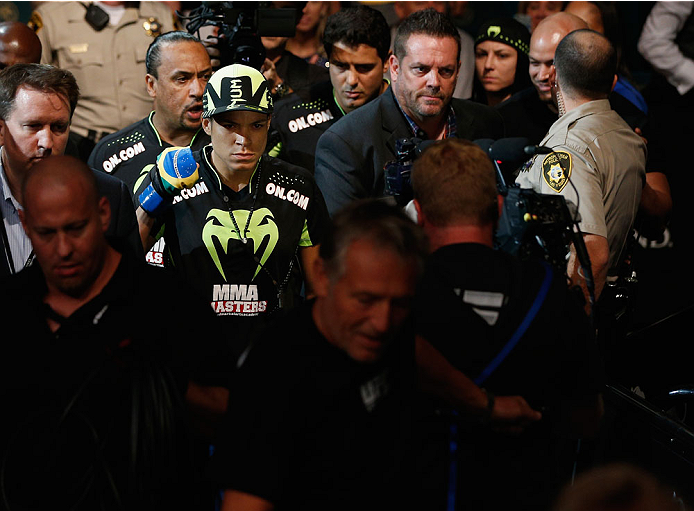 LAS VEGAS, NV - SEPTEMBER 27:  Amanda Nunes enters the arena for her fight with Cat Zingano in their women's bantamweight fight during the UFC 178 event inside the MGM Grand Garden Arena on September 27, 2014 in Las Vegas, Nevada.  (Photo by Josh Hedges/Zuffa LLC/Zuffa LLC via Getty Images)
