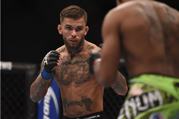 (L) Cody Garbrandt squares off with Marcus Brimage in their bantamweight bout during the UFC 182 event at the MGM Grand Garden Arena on January 3, 2015 in Las Vegas, NV. (Photo by Jeff Bottari/Zuffa LLC/Zuffa LLC)