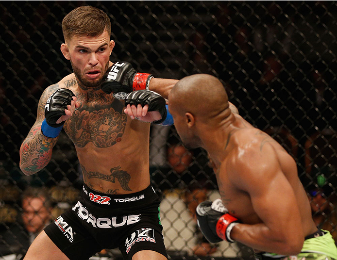 Cody Garbrandt and Marcus Brimage exchange punches in their bantamweight bout during the UFC 182 event at the MGM Grand Garden Arena on January 3, 2015 in Las Vegas, NV. (Photo by Josh Hedges/Zuffa LLC)
