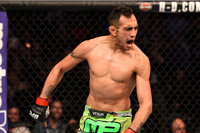 Tony Ferguson celebrates after defeating Gleison Tibau in their lightweight bout during the UFC 184 event at Staples Center on February 28, 2015 in Los Angeles, CA. (Photo by Josh Hedges/Zuffa LLC)