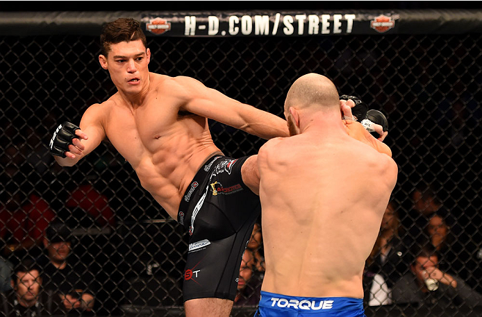 Alan Jouban kicks Richard Walsh in their welterweight bout during the UFC 184 event at Staples Center on February 28, 2015 in Los Angeles, California. (Photo by Josh Hedges/Zuffa LLC)