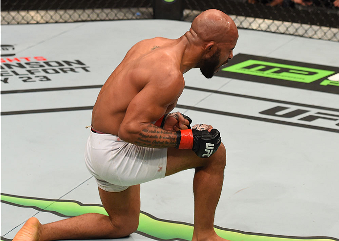 MONTREAL, QC - APRIL 25:   Demetrious Johnson of the United States reacts after his submission victory over Kyoji Horiguchi of Japan in their UFC flyweight championship bout during the UFC 186 event at the Bell Centre on April 25, 2015 in Montreal, Quebec, Canada. (Photo by Josh Hedges/Zuffa LLC/Zuffa LLC via Getty Images)