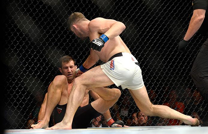 Bisping shocked the world, and the sports books, with his KO of Rockhold (Photo by Brandon Magnus/Zuffa LLC/Zuffa LLC via Getty Images)