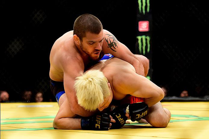 LAS VEGAS, NV - JULY 09: Jim Miller (top) wrestles with Takanori Gomi of Japan in their lightweight bout during the UFC 200 event on July 9, 2016 at T-Mobile Arena in Las Vegas, Nevada. (Photo by Harry How/Zuffa LLC/Zuffa LLC via Getty Images) *** Local Caption *** Jim Miller; Takanori Gomi
