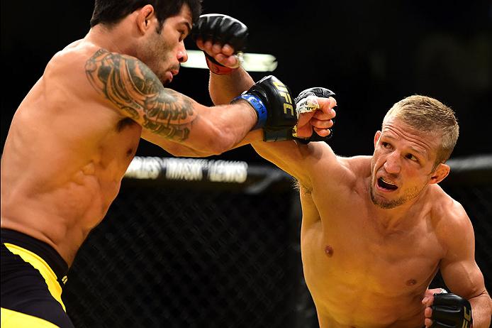 LAS VEGAS, NV - JULY 09: (R-L) TJ Dillashaw punches Raphael Assuncao of Brazil in their bantamweight bout during the UFC 200 event on July 9, 2016 at T-Mobile Arena in Las Vegas, Nevada. (Photo by Harry How/Zuffa LLC/Zuffa LLC via Getty Images) *** Local Caption *** TJ Dillashaw; Raphael Assuncao
