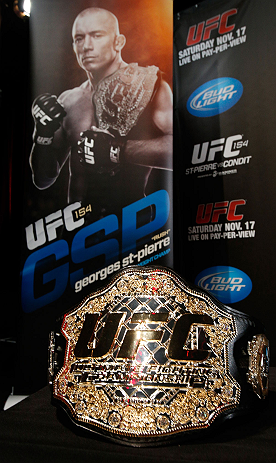MONTREAL, CANADA - NOVEMBER 14:  A UFC championship belt is seen during the final pre-fight press conference ahead of UFC 154 at New City Gas on November 14, 2012 in Montreal, Quebec, Canada.  (Photo by Josh Hedges/Zuffa LLC/Zuffa LLC via Getty Images)