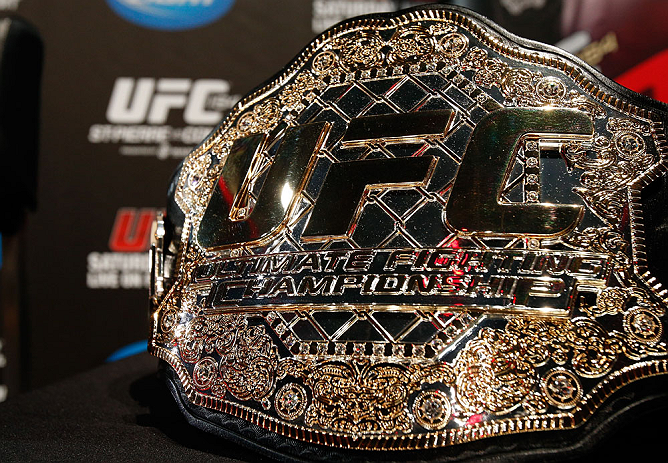 MONTREAL, CANADA - NOVEMBER 14:  A UFC championship belt is seen during the final pre-fight press conference ahead of UFC 154 at New City Gas on November 14, 2012 in Montreal, Quebec, Canada.  (Photo by Josh Hedges/Zuffa LLC/Zuffa LLC via Getty Images)
