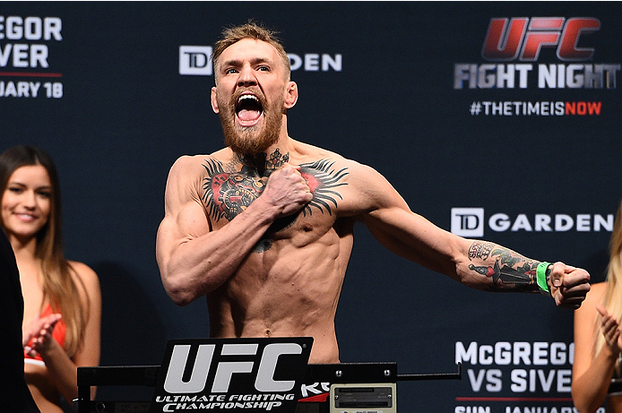 Conor 'The Notorious' McGregor steps on the scale during the UFC Fight Night Boston weigh-in event on January 17, 2015 in Boston, MA. (Photo by Jeff Bottari/Zuffa LLC)