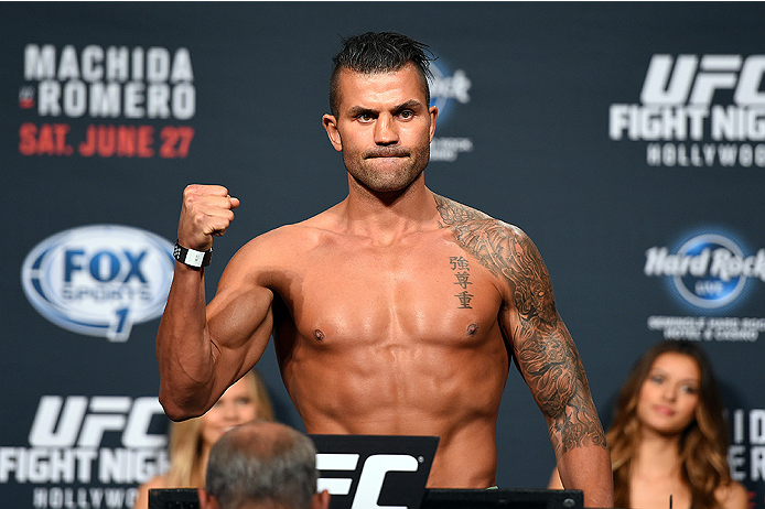 Steve Bosse of Canada steps on the scale during the UFC weigh-in at the Seminole Hard Rock Casino on June 26, 2015 in Hollywood, Florida. (Photo by Josh Hedges/Zuffa LLC)