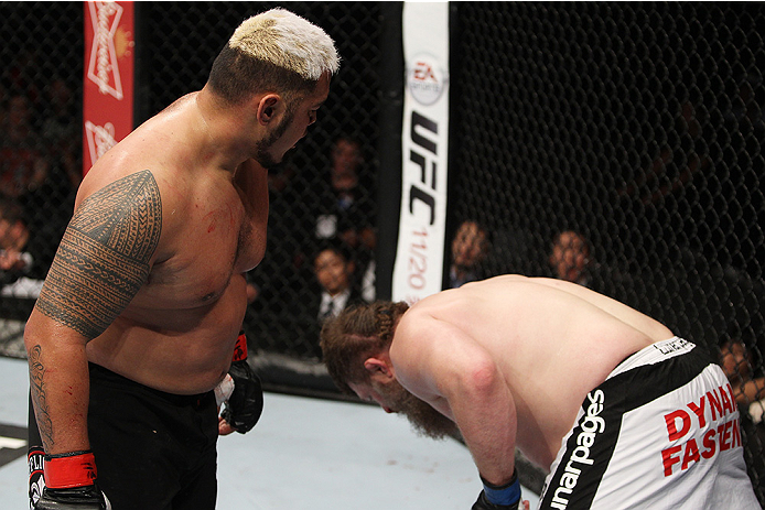 SAITAMA, JAPAN - SEPTEMBER 20:  Mark Hunt looks on after his finishing blow on Roy Nelson in their heavyweight bout during the UFC Fight Night event inside the Saitama Arena on September 20, 2014 in Saitama, Japan. (Photo by Mitch Viquez/Zuffa LLC/Zuffa LLC via Getty Images)