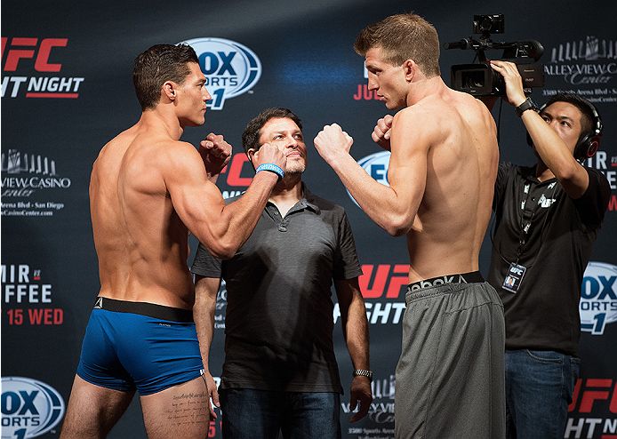 (L-R) Jouban and Dwyer face-off during the UFC weigh-in at the Valley View Casino Center on July 14, 2015 in San Diego, CA. (Photo by Jeff Bottari/Zuffa LLC)
