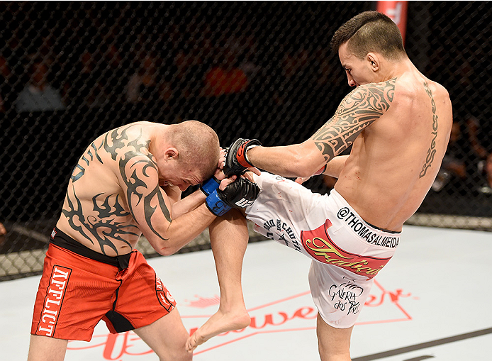 Thomas Almeida of Brazil kicks Tim Gorman of the United States in their bantanweight bout during the UFC Fight Night at Sabiazinho Gymnasium on November 8, 2014 in Uberlandia, Brazil. (Photo by Buda Mendes/Zuffa LLC)