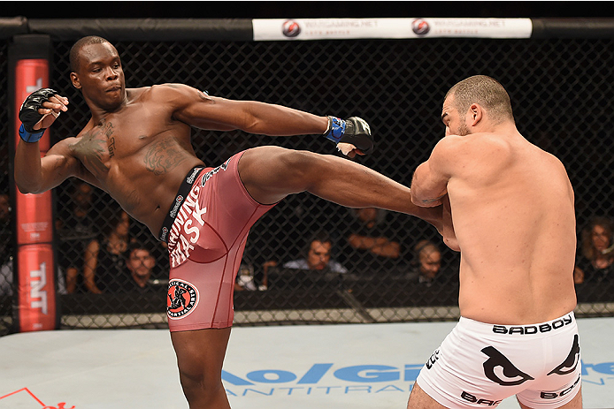 Ovince Saint Preux of the United States kicks Mauricio Shogun Rua of Brazil in their light heavyweight bout during the UFC Fight Night at Sabiazinho Gymnasium on November 8, 2014 in Uberlandia, Brazil. (Photo by Buda Mendes/Zuffa LLC)