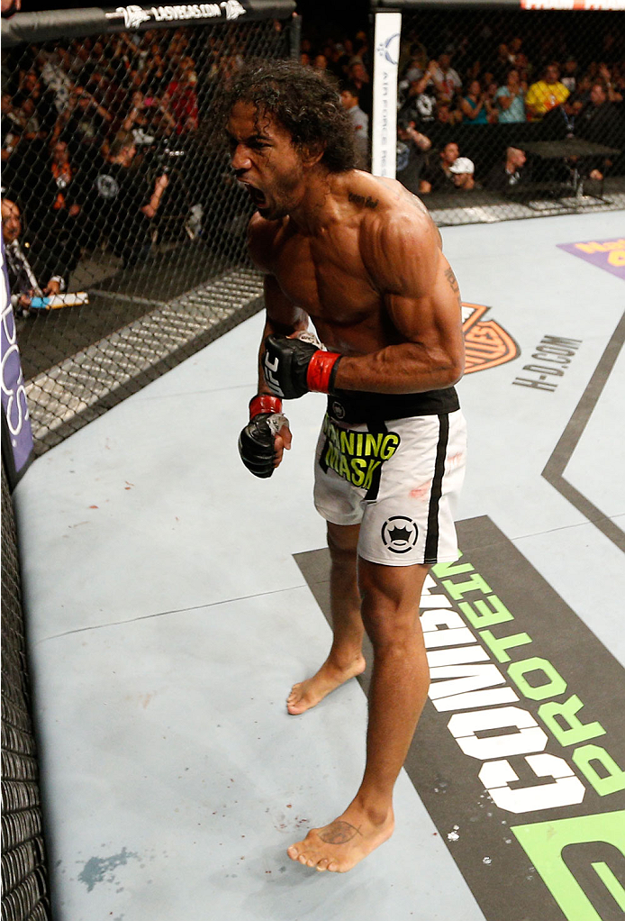 ALBUQUERQUE, NM - JUNE 07:  Benson Henderson reacts after his submission victory over Rustam Khabilov in their lightweight fight during the UFC Fight Night event at Tingley Coliseum on June 7, 2014 in Albuquerque, New Mexico.  (Photo by Josh Hedges/Zuffa LLC/Zuffa LLC via Getty Images)