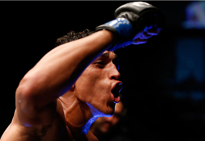 Charles Oliveira reacts after his submission victory over Hatsu Hioki in their featherweight fight during the UFC Fight Night event at Vector Arena on June 28, 2014 in Auckland, New Zealand. (Photo by Josh Hedges/Zuffa LLC)