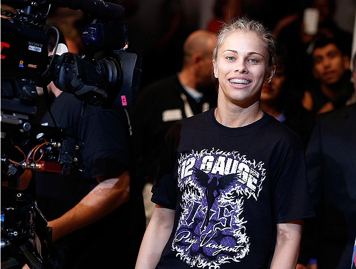 AUSTIN, TX - NOVEMBER 22: Paige VanZant prepares enters the arena before her women's bantamweight bout against Kailin Curran during the UFC Fight Night event at The Frank Erwin Center on November 22, 2014 in Austin, Texas. (Photo by Josh Hedges/Zuffa LLC/Zuffa LLC via Getty Images)