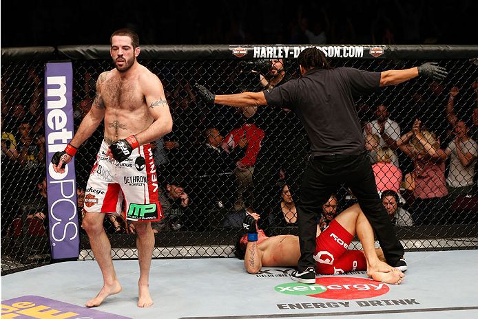 CINCINNATI, OH - MAY 10: Matt Brown (L) reacts after his TKO victory over Erick Silva in their welterweight fight during the UFC Fight Night event at the U.S. Bank Arena on May 10, 2014 in Cincinnati, Ohio. (Photo by Josh Hedges/Zuffa LLC/Zuffa LLC via Getty Images)