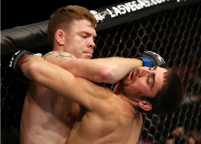 Paul Felder lands an elbow to the chin of Jason Saggo of Canada in their lightweight bout at the Scotiabank Centre on October 4, 2014 in Halifax, Nova Scotia, Canada. (Photo by Nick Laham/Zuffa LLC)