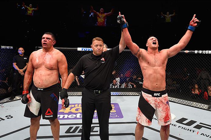 <a href='../fighter/adam-milstead'>Adam Milstead</a> celebrates after defeating <a href='../fighter/chris-de-la-rocha'>Chris De La Rocha</a> in his UFC debut