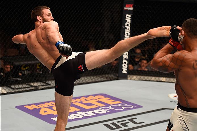 Rinaldi kicks Abel Trujillo in their lightweight bout during the UFC Fight Night event on May 29, 2016 in Las Vegas, NV. (Photo by Josh Hedges/Zuffa LLC)