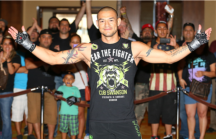 SAN ANTONIO, TX - JUNE 26: Cub Swanson holds an open training session at the Grand Hyatt San Antonio on June 26, 2014 in San Antonio, Texas. (Photo by Ed Mulholland/Zuffa LLC/Zuffa LLC via Getty Images)