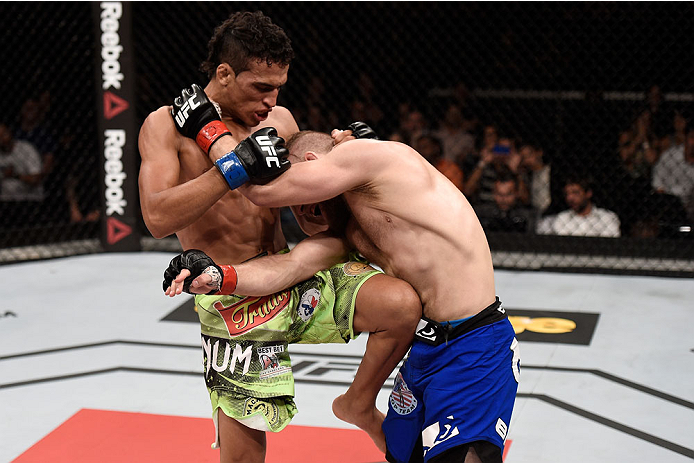 Charles Oliveira kicks Nick Lentz of the United States in their bout during the UFC Fight Night event on May 30, 2015 in Goiania, Brazil. (Photo by Buda Mendes/Zuffa LLC)
