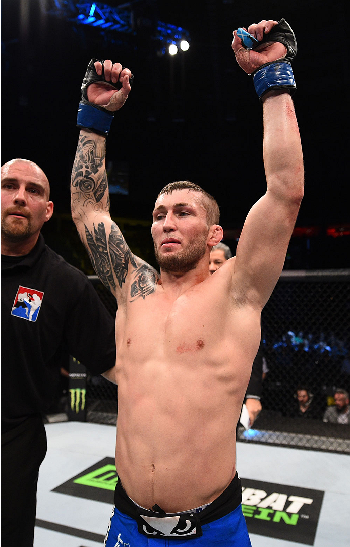 Stevie Ray of Scotland celebrates after his TKO victory over Marcin Bandel of Poland in their lightweight fight during the UFC Fight Night event at the Tauron Arena on April 11, 2015 in Krakow, Poland. (Photo by Jeff Bottari/Zuffa LLC)