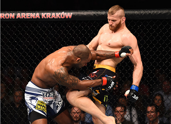 Jan Blachowicz knees Jimi Manuwa in their fight during the UFC Fight Night event on April 11, 2015 in Krakow, Poland. (Photo by Jeff Bottari/Zuffa LLC)