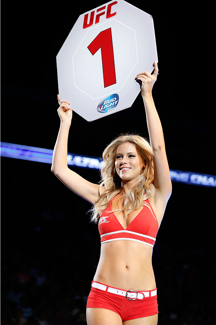 TULSA, OK - AUGUST 23:  UFC Octagon Girl Chrissy Blair introduces a round during the UFC Fight Night event at the BOK Center on August 23, 2014 in Tulsa, Oklahoma. (Photo by Josh Hedges/Zuffa LLC/Zuffa LLC via Getty Images)