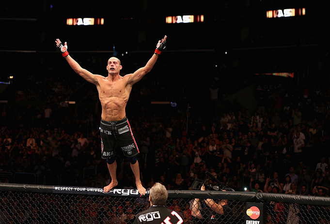 Mike Swick celebrates defeating Damarques Johnson during the UFC on FOX at Staples Center on August 4, 2012 in Los Angeles, CA. (Photo by Josh Hedges/Zuffa LLC)