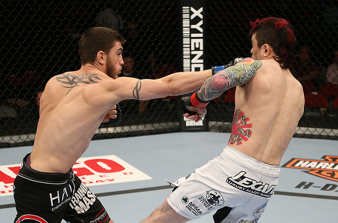 SEATTLE, WA - DECEMBER 08: (L-R) John Albert punches Scott Jorgensen during their bantamweight bout at the UFC on FOX event on December 8, 2012 at Key Arena in Seattle, Washington. (Photo by Ezra Shaw/Zuffa LLC/Zuffa LLC via Getty Images) *** Local Caption *** Scott Jorgensen; John Albert
