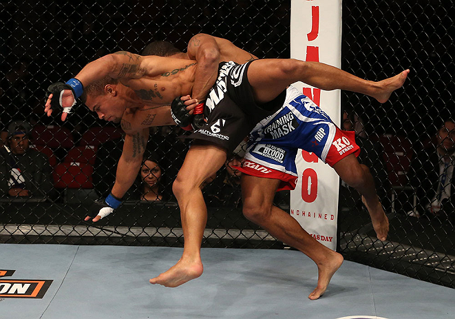 SEATTLE, WA - DECEMBER 08: Marcus LeVesseur (right) slams Abel Trujillo during their lightweight bout at the UFC on FOX event on December 8, 2012 at Key Arena in Seattle, Washington. (Photo by Ezra Shaw/Zuffa LLC/Zuffa LLC via Getty Images) *** Local Caption *** Marcus LeVesseur; Abel Trujillo