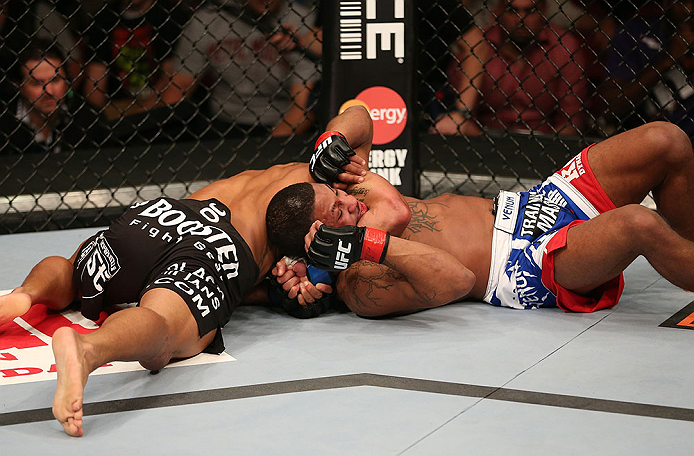 SEATTLE, WA - DECEMBER 08: Abel Trujillo (L) attempts to submit Marcus LeVesseur during their lightweight bout at the UFC on FOX event on December 8, 2012 at Key Arena in Seattle, Washington. (Photo by Ezra Shaw/Zuffa LLC/Zuffa LLC via Getty Images) *** Local Caption *** Marcus LeVesseur; Abel Trujillo