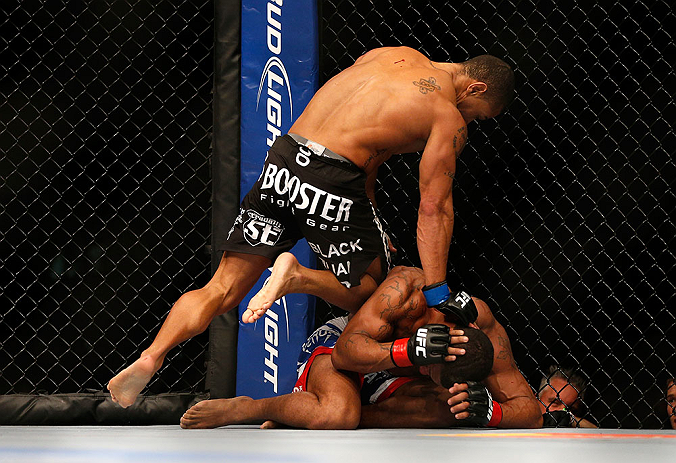 SEATTLE, WA - DECEMBER 08: Abel Trujillo (left) knees Marcus LeVesseur during their lightweight bout at the UFC on FOX event on December 8, 2012 at Key Arena in Seattle, Washington. (Photo by Josh Hedges/Zuffa LLC/Zuffa LLC via Getty Images) *** Local Caption *** Marcus LeVesseur; Abel Trujillo