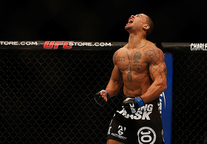 SEATTLE, WA - DECEMBER 08: Abel Trujillo reacts to his victory over Marcus LeVesseur after their lightweight bout at the UFC on FOX event on December 8, 2012 at Key Arena in Seattle, Washington. (Photo by Josh Hedges/Zuffa LLC/Zuffa LLC via Getty Images) *** Local Caption *** Marcus LeVesseur; Abel Trujillo