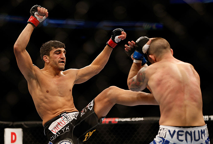 SEATTLE, WA - DECEMBER 08: (L-R) Ramsey Nijem kicks Joe Proctor during their lightweight bout at the UFC on FOX event on December 8, 2012 at Key Arena in Seattle, Washington. (Photo by Josh Hedges/Zuffa LLC/Zuffa LLC via Getty Images) *** Local Caption *** Ramsey Nijem; Joe Proctor