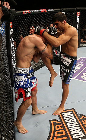 SEATTLE, WA - DECEMBER 08: Ramsey Nijem (right) knees Joe Proctor during their lightweight bout at the UFC on FOX event on December 8, 2012 at Key Arena in Seattle, Washington. (Photo by Ezra Shaw/Zuffa LLC/Zuffa LLC via Getty Images) *** Local Caption *** Ramsey Nijem; Joe Proctor