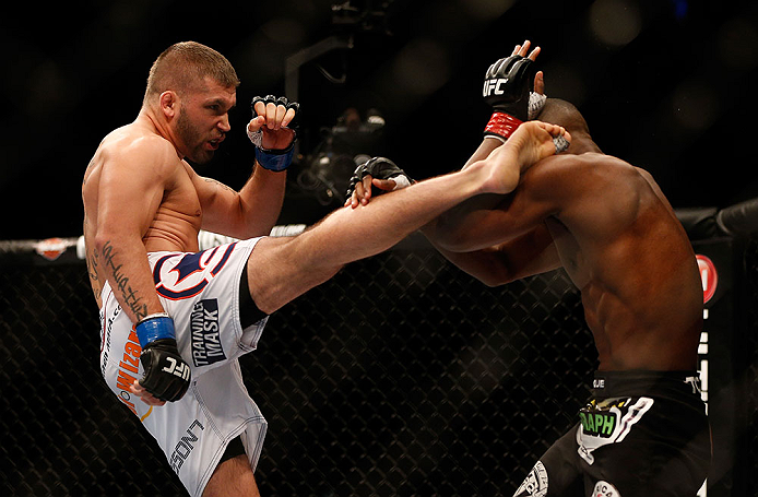 SEATTLE, WA - DECEMBER 08: (L-R) Jeremy Stephens kicks Yves Edwards during their lightweight bout at the UFC on FOX event on December 8, 2012 at Key Arena in Seattle, Washington. (Photo by Josh Hedges/Zuffa LLC/Zuffa LLC via Getty Images) *** Local Caption *** Yves Edwards; Jeremy Stephens
