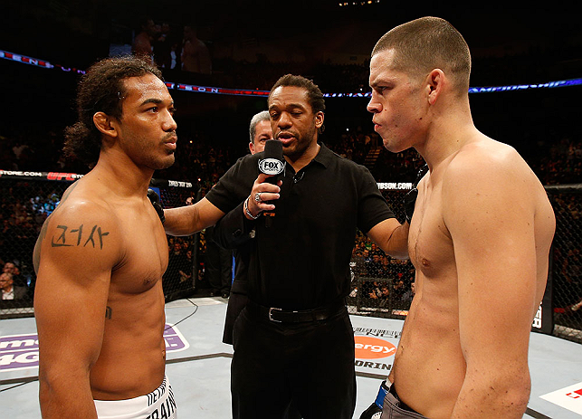 SEATTLE, WA - DECEMBER 08: Benson Henderson (left) and Nate Diaz (right) stare eachother down before their lightweight championship bout at the UFC on FOX event on December 8, 2012 at Key Arena in Seattle, Washington. (Photo by Josh Hedges/Zuffa LLC/Zuffa LLC via Getty Images) *** Local Caption *** Benson Henderson; Nate Diaz