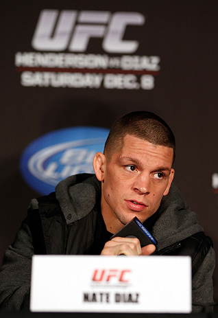 SEATTLE, WA - DECEMBER 06: Nate Diaz interacts with media during the UFC on FOX press conference on December 6, 2012 at Key Arena in Seattle, Washington. (Photo by Josh Hedges/Zuffa LLC/Zuffa LLC via Getty Images)