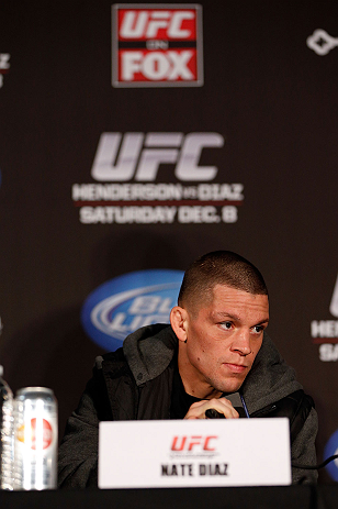 SEATTLE, WA - DECEMBER 06: Nate Diaz interacts with media during the UFC on FOX press conference on December 6, 2012 at Key Arena in Seattle, Washington. (Photo by Josh Hedges/Zuffa LLC/Zuffa LLC via Getty Images)