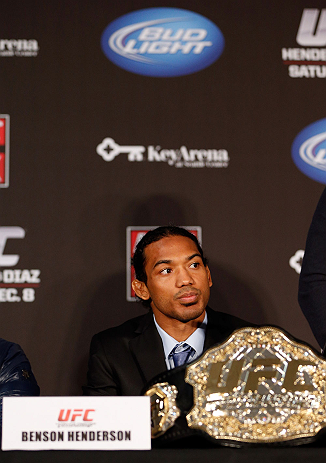 SEATTLE, WA - DECEMBER 06: Benson Henderson interacts with media during the UFC on FOX press conference on December 6, 2012 at Key Arena in Seattle, Washington. (Photo by Josh Hedges/Zuffa LLC/Zuffa LLC via Getty Images)