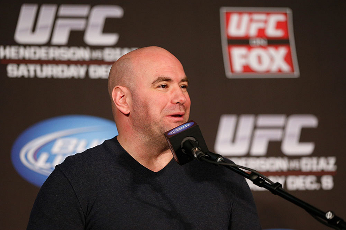 SEATTLE, WA - DECEMBER 06: UFC President Dana White interacts with media during the UFC on FOX press conference on December 6, 2012 at Key Arena in Seattle, Washington. (Photo by Josh Hedges/Zuffa LLC/Zuffa LLC via Getty Images)