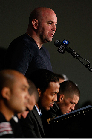 SEATTLE, WA - DECEMBER 06: UFC President Dana White interacts with media during the UFC on FOX press conference on December 6, 2012 at Key Arena in Seattle, Washington. (Photo by Josh Hedges/Zuffa LLC/Zuffa LLC via Getty Images)