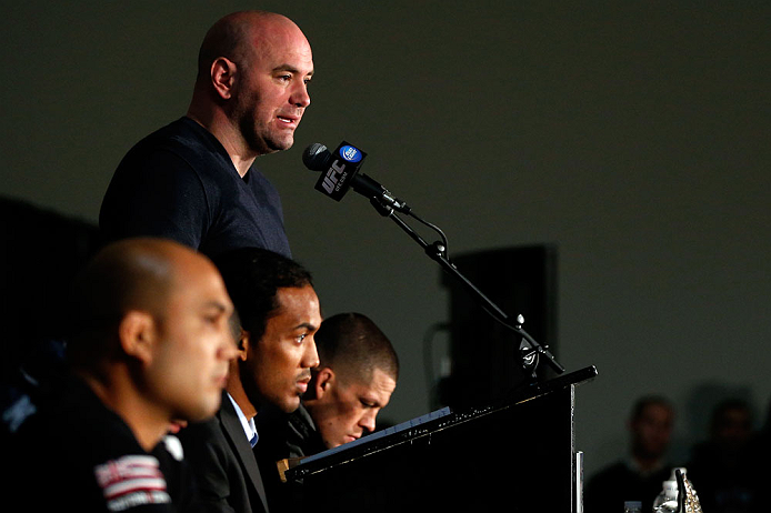 SEATTLE, WA - DECEMBER 06: UFC President Dana White interacts with media during the UFC on FOX press conference on December 6, 2012 at Key Arena in Seattle, Washington. (Photo by Josh Hedges/Zuffa LLC/Zuffa LLC via Getty Images)